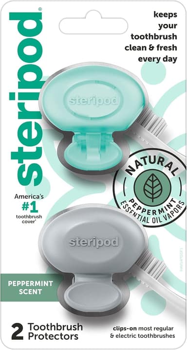 Steripod Clip-On Toothbrush Protector with Peppermint Essential Oils, Keeps Toothbrush Fresh and Clean, Travel Accessories, Fits Most Manual and Electric Toothbrushes, 2 Count