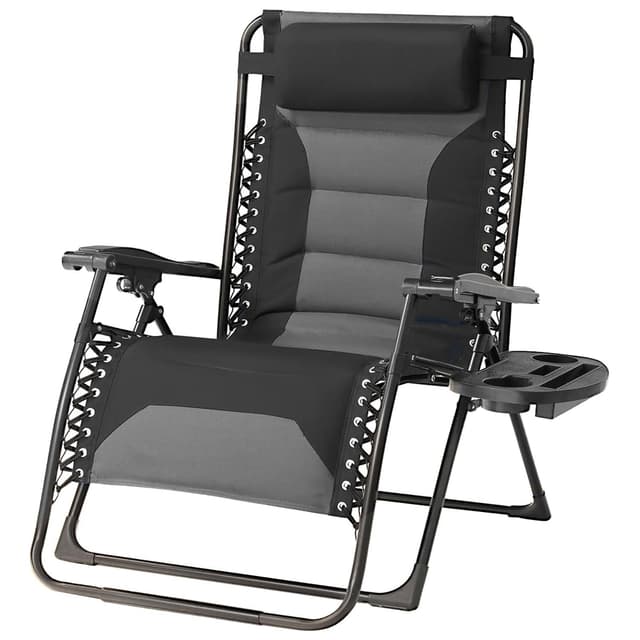 Foristrail Zero Gravity Chair Oversized Padded Recliner with Adjustable Headrest & Cup Holder - XL 600D Oxford Folding Lounge Chair for Outdoor Camping, Patio, Poolside (Black & Gray)