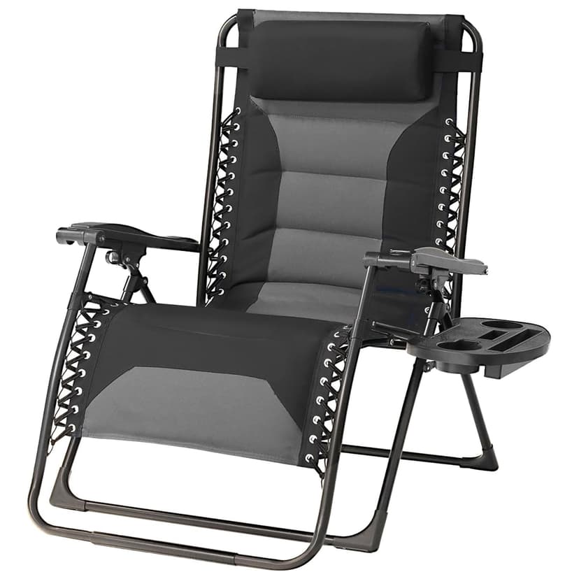 Foristrail Zero Gravity Chair Oversized Padded Recliner with Adjustable Headrest & Cup Holder - XL 600D Oxford Folding Lounge Chair for Outdoor Camping, Patio, Poolside (Black & Gray)