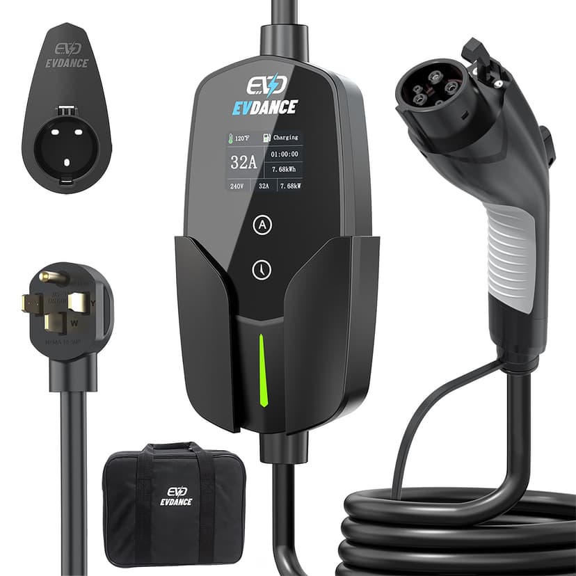 EVDANCE Level 2 EV Charger (32Amp, 240V, NEMA 14-50P), 7.68kW Fast Portable & Home Electric Car Charger with 25ft Cable, Adjustable Current/Delay Chargin for J1772 EVs