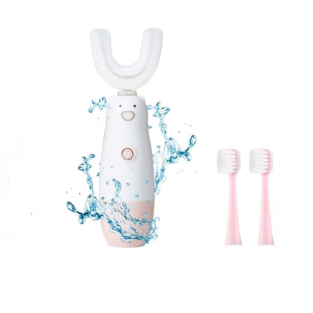 Meqtpomy Kids Electric Toothbrush,U Shaped Toothbrush Waterproof Battery Powered 360 Automatic Sonic Toddler Toothbrushes for 8-13 Years Old for Boys Girls,with 2 Replacement Brush Heads(Pink)