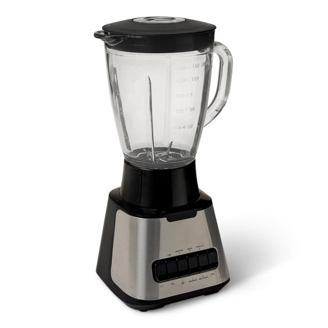 Amazon Basics Powerful 700W Countertop Blender with 6-Cup (50 Fl. Oz) Glass Jar, 6 Pre-Programmed Functions, Ice Crush, Stainless Steel Blades, Black & Silver