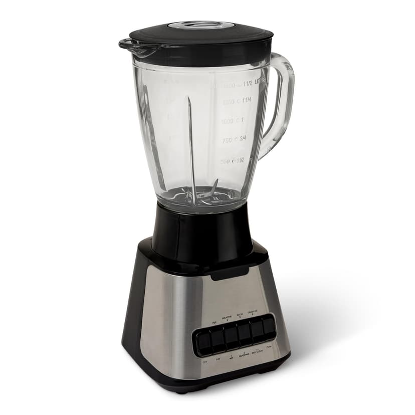 Amazon Basics Powerful 700W Countertop Blender with 6-Cup (50 Fl. Oz) Glass Jar, 6 Pre-Programmed Functions, Ice Crush, Stainless Steel Blades, Black & Silver
