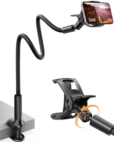 SAIJI Gooseneck Phone Holder for Bed Overall Length 38.6” Flexible Leather Wrapped Arm Overhead Cell Phone Mount Stand with 360° Adjustable Clamp Clip, Compatible with All 4-7” Cellphones (Black)