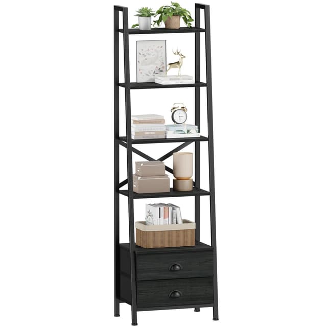 Furologee 5-Tier Ladder Shelf with 2 Drawers,Narrow Bookshelf Storage Shelves,Industrial Bookcase Freestanding Rack Units for Bedroom,Living Room,Bathroom,Home Office,Balcony,Wood Metal, Black Oak