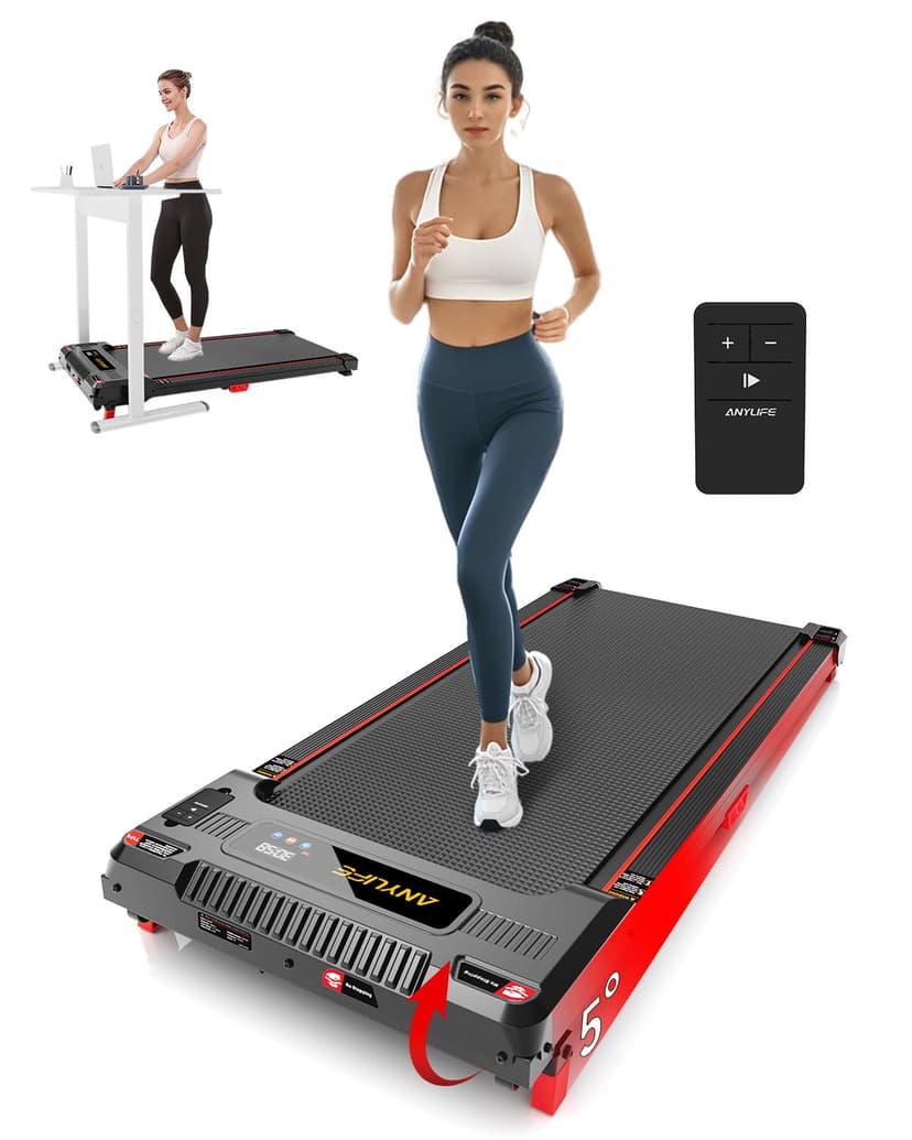 Walking Pad Treadmill, Anylife Incline Walking Pads Under Desk 330lb Capacity, 2.5HP Portable Treadmills for Home, Compact Treadmill Small Running Pad with LED Display, Remote Control, Black Red
