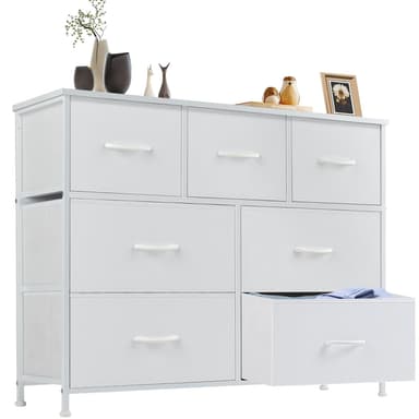 Sweetcrispy 7 Drawer Dresser Storage Organizer with Fabric Bins, Sturdy Steel Frame and Wood Top, Easy Pull Handles, for Bedroom Closet Hallway Entryway,White