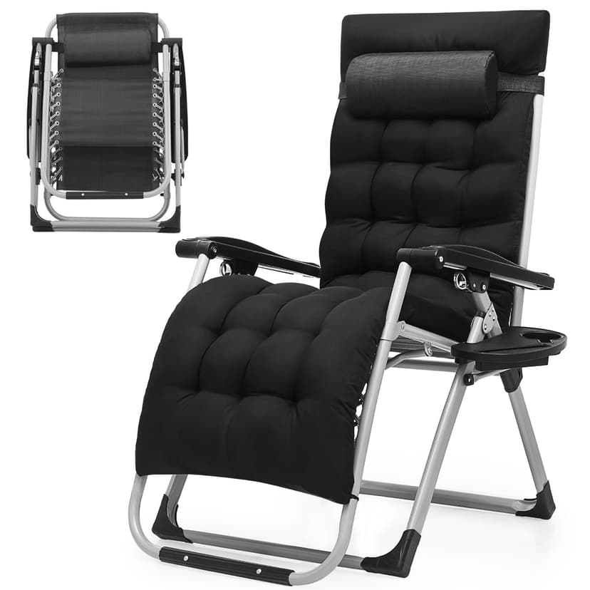 OS MOTOR Zero Gravity Chair, Portable Folding Reclining Lounge Chairs with Adjustable Cushion and Cup Holder Trays for Outdoor, Patio, Beach, Camping, Garden, Poolside, Black