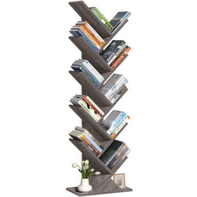SHEEPAM 10 Tier Tree Book Shelf, Floor Standing Wood Bookshelf for Narrow Space, Storage Organizer Bookshelves for Books/CDs/Magazine, Bookcase with Shelves for Home Office, Living Room - Light Grey