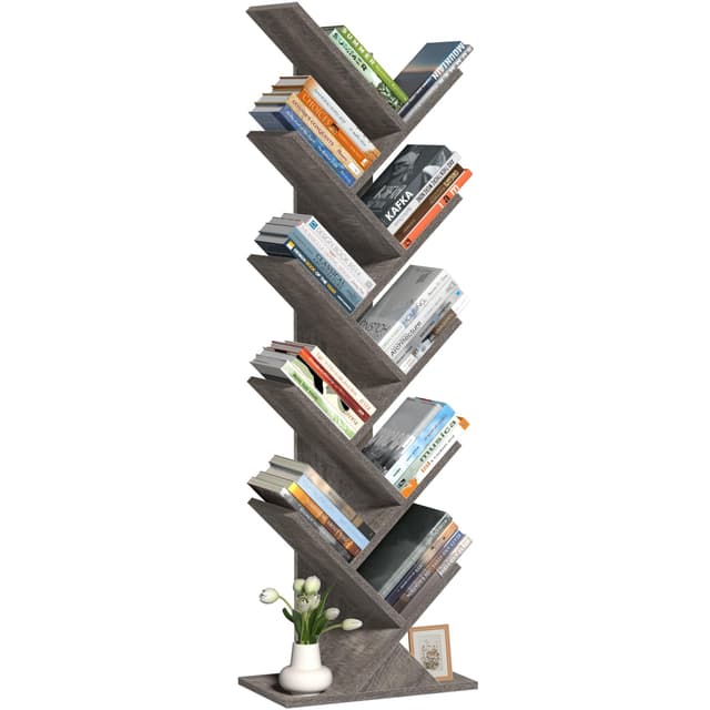 SHEEPAM 10 Tier Tree Book Shelf, Floor Standing Wood Bookshelf for Narrow Space, Storage Organizer Bookshelves for Books/CDs/Magazine, Bookcase with Shelves for Home Office, Living Room - Light Grey