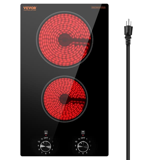 VEVOR Electric Cooktop, Built-in Electric Stove Top, with Glass Panel, Knob Control, 11 Heat Levels, for Diverse Cooking Requirements (12inch-2burners/110V)