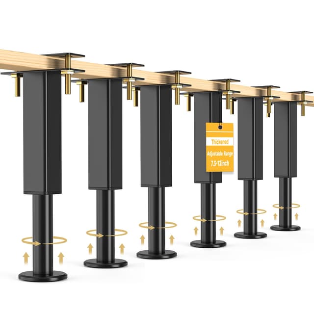6PCS Adjustable Height Bed Support Legs, 7.3-12 In, Metal Heavy Furniture Legs with Rubber Non-Slip Base for Sofa/Cabinet/Couch/Dresser/Table, Furniture Feet Replacement for King Queen Bed Frame Slat