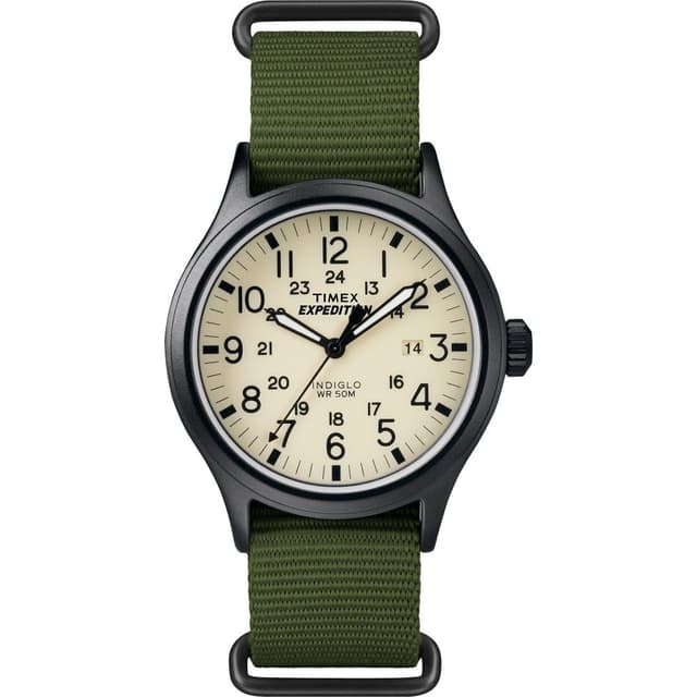 Timex Men's Expedition Scout 40mm Watch β Black Case Cream Dial with Green Fabric Strap
