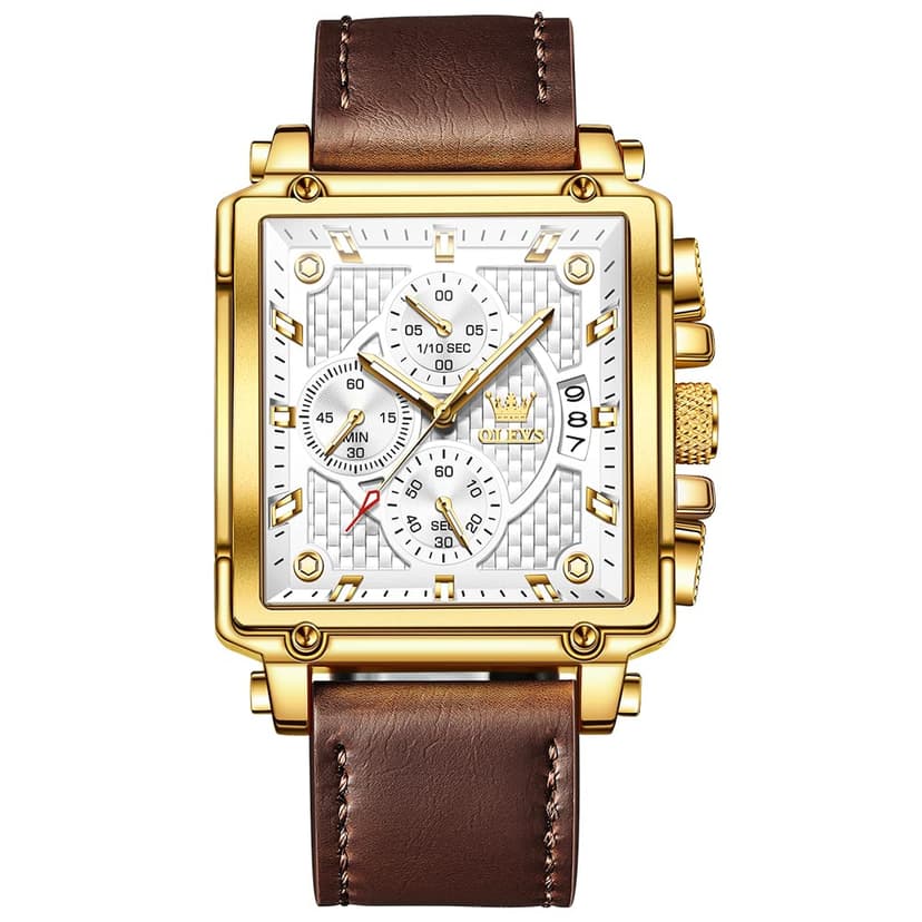 OLEVS Large Square Watches for Men White Textured Face Chronograph Watches with Leather Strap Luxury Hands Men Cheap Watch Waterproof Calendar Easy to Read Luminous Men's Quartz Watch Reloj De Hombre