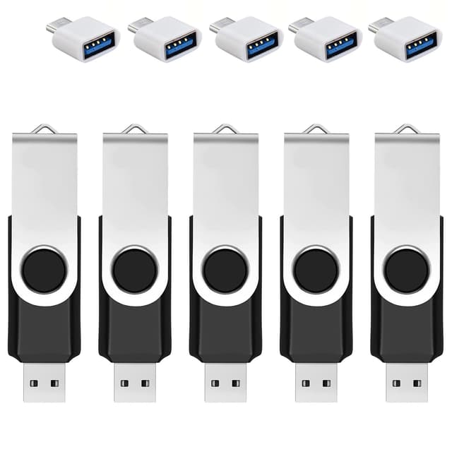 5 Pack 64GB USB Flash Drive with Type C Adapter and Storage Box USB 2.0 High Speed Metal Pen Drive 360° Rotatable Storage Memory Stick for Phone/Pad/PC/Laptop/Android - Black(5-Pack 64GB)