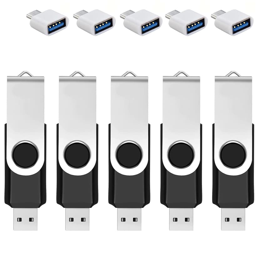 5 Pack 64GB USB Flash Drive with Type C Adapter and Storage Box USB 2.0 High Speed Metal Pen Drive 360° Rotatable Storage Memory Stick for Phone/Pad/PC/Laptop/Android - Black(5-Pack 64GB)