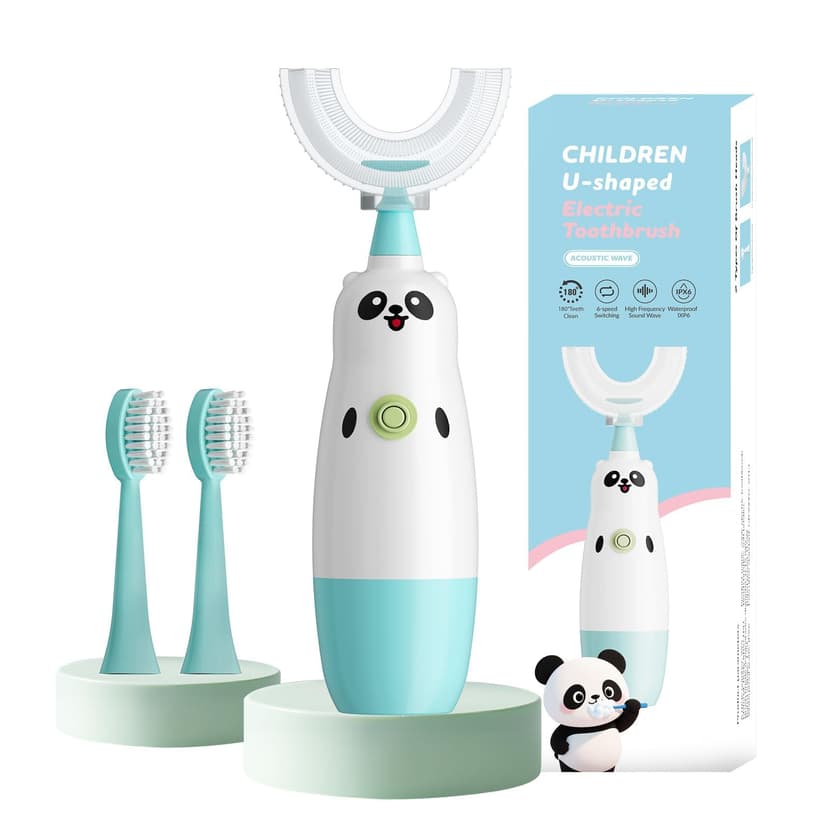 Kids U-Shaped Electric Toothbrush with 2 Brush Heads, Toddlers Sonic with 360 Degree Cleaning, Soft Bristles, Battery Included, IPX7 Waterproof, Cute cartoon for Girls and Boys, Ages 2-7 (Blue)