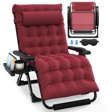 Slendor Oversized Zero Gravity Chairs XXL, 33IN Padded Zero Gravity Lounge Chair, Folding Reclining Patio Chair Lawn Recliner w/Aluminum Alloy Lock, Headrest, Cup Holder, Support 500lbs, Wine Red