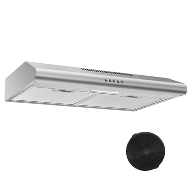 Zomagas 24 inch Range Hood Under Cabinet, Stainless Steel Range Hood 280CFM, Slim Kitchen Stove Hood w/Push Button, Ducted/Ductless Convertible, 3 Speeds Exhaust Fan, LED Light and Carbon Filter