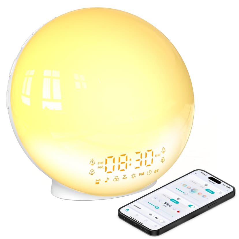 BIB_WJ Smart Sunrise Alarm Clock with No Signup APP Control & Wake-Up Light, 4 Alarms, White Noise, FM Radio, Wireless Speaker, White
