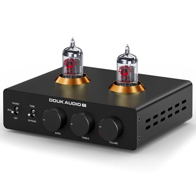 Douk Audio P7 Phono Preamp: Vacuum Tube Turntable Preamplifier with Balanced XLR Output, High-Pass Filter, Bass & Treble Control, Bypass for MM Record Player, Amplifier, Speaker