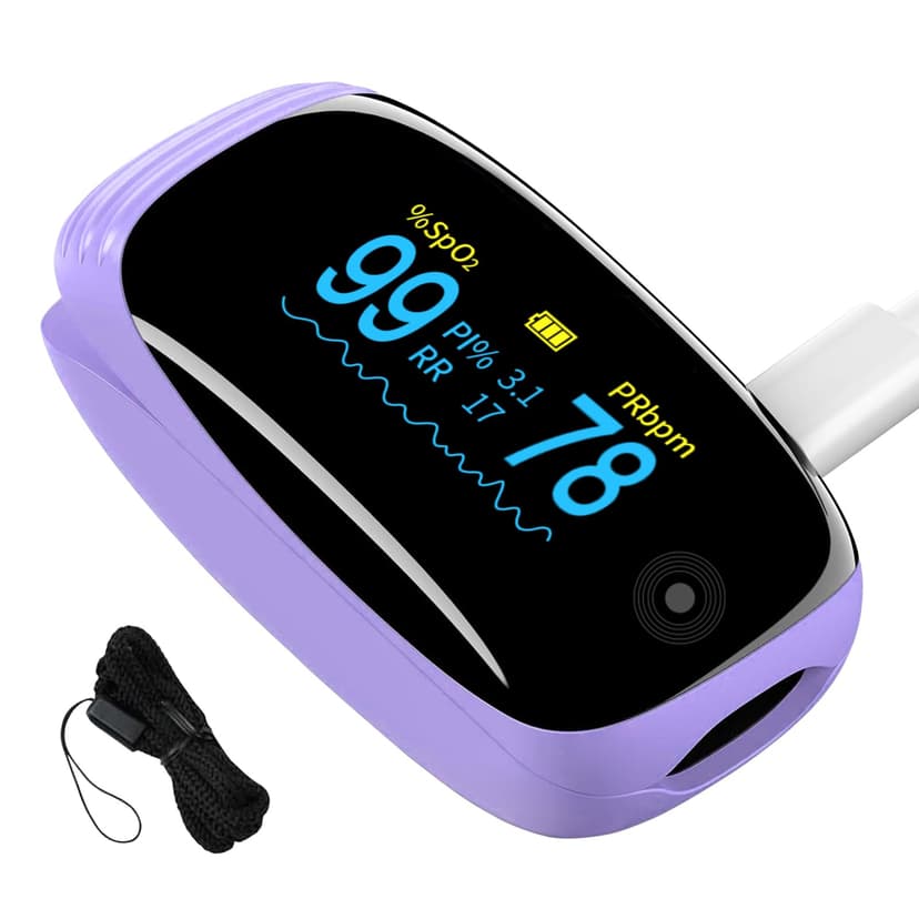 Pulse Oximeter with Respiration Rate, SpO2, PR & PI, Rechargeable Finger Oxygen Monitor - Fast, Accurate Reading for Sports & Aviation, Home Use - Portable OLED Display(Purple)
