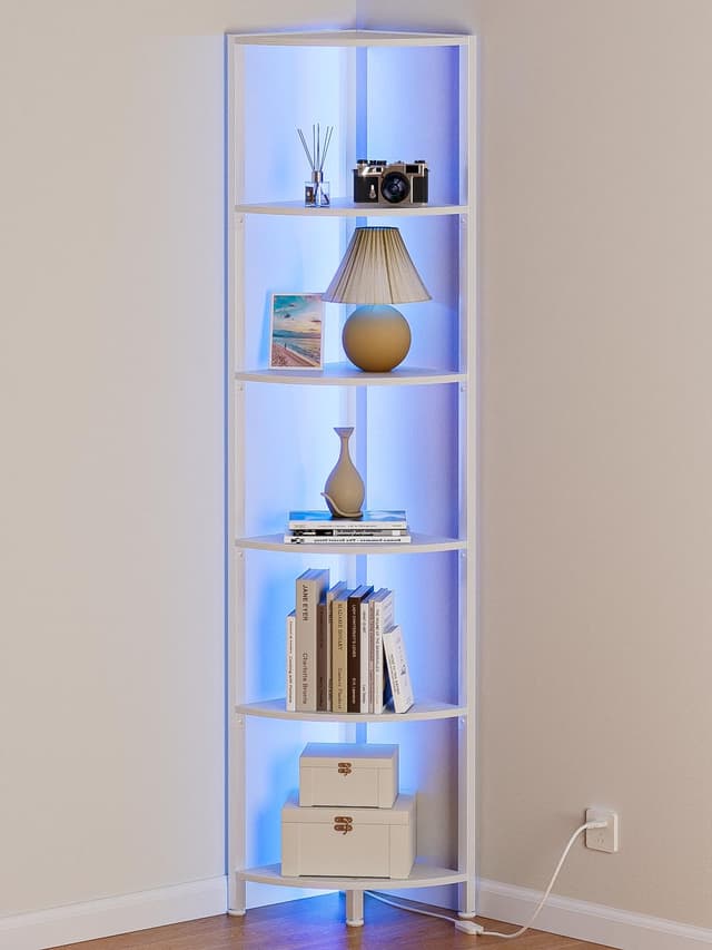 Furnulem 6 Tier Corner Shelf with LED Light, 67.5â Tall Standing Shelf Organizer, White Narrow Bookshelf with Storage Rack for Wall Corner, Living Room, Bedroom, Metal Frame, Wood Display Shelf
