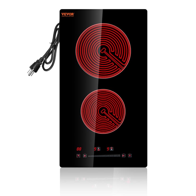 VEVOR Built in Electric Stove Top, 12 inch 2 Burners Ceramic Cooktop, Glass Radiant Cooktop with Sensor Touch Control, Timer & Child Lock Included, 9 Power Levels for Simmer Steam Slow Cook Fry,110V