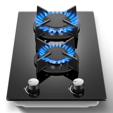 Gas Stove 2 Burner, Propane Cooktop 12 Inch, Built-in Gas Cooktop Black Tempered Glass Stove Top with Thermocouple Protection, LPG/NG Dual Fuel Hob for Apartment, Kitchen, RV