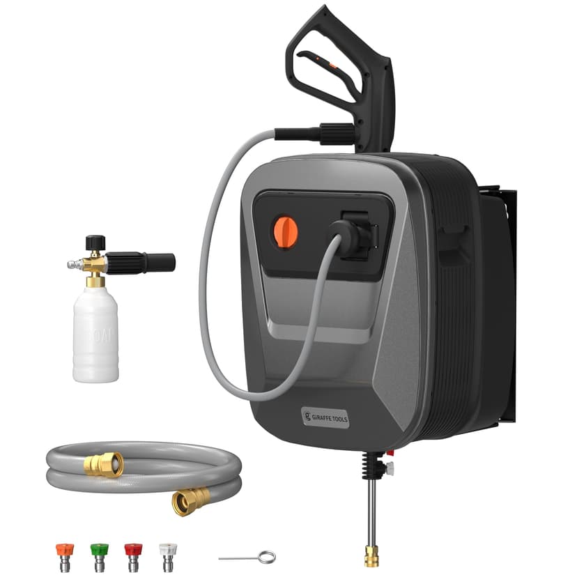 Giraffe Tools Grandfalls Retractable Pressure Washer G20, 2500 PSI 2.2 GPM, Wall Mounted with 65FT Hose Reel, 4 Nozzles for Floor/Cars/Fences/Patios, Dark Silver Case with Grey Pressure Hoses