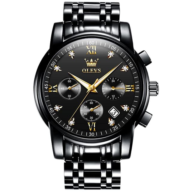 OLEVS Black Watch for Men Large Face Stainless Steel Diamond Watches with Date Gold Roman Number Fashion Men's Chronograph Watches Waterproof Luminous Easy Read Mens MultiFunction Quartz Watch for Men