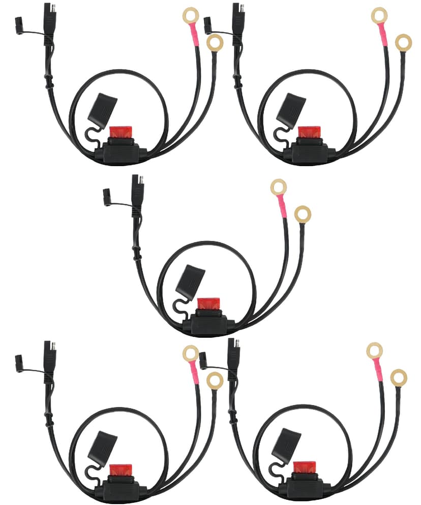 Bates- SAE Battery Connector, 2 FT, 5 Pack, 16 AWG, Heavy Duty SAE to O-Ring Harness Equipped with 10A Fuse, 2-Pin Connector for Chargers, Maintainers, Solar Panels & Motorcycles