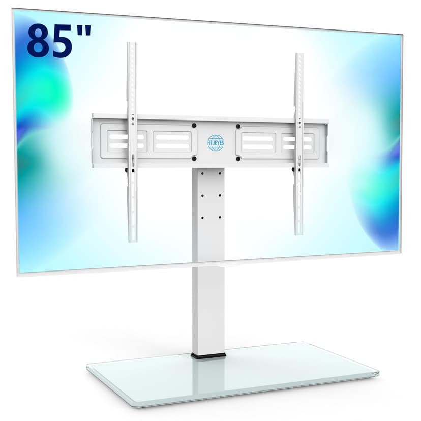 FITUEYES Universal TV Stand with Swivel Mount for 50-85 inch Flat Screens - Height Adjustable Tempered Glass Base Holds up to 110 lbs, White