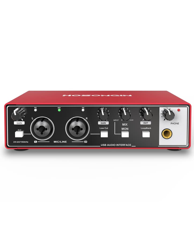 HOSONGIN USB Audio Interface for Beginners - 24Bit/192kHz, 48V Phantom Power, Plug & Play Recording for Podcast/Vocals/Guitar/Youtube, PC/Mac/iOS Compatible (New Red Metal)