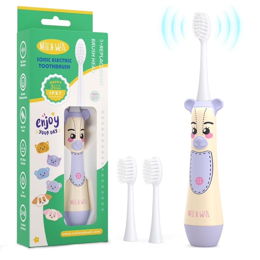 NELL&WELL Kids Electric Toothbrush, 2-Min Timer, 3 Modes with Memory, IPX 7 Waterproof, Battery Powered Kids Toothbrush with 3 Soft Bristles Heads for Children Boys and Girls Ages 3+…