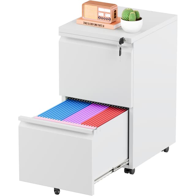 Greenvelly 2 Drawer Mobile File Cabinet with Lock, Metal Filing Cabinet on Wheels, Under Desk File Cabinet for Home Office Organizer Letter/Legal/A4 File (Assembly Required, White)