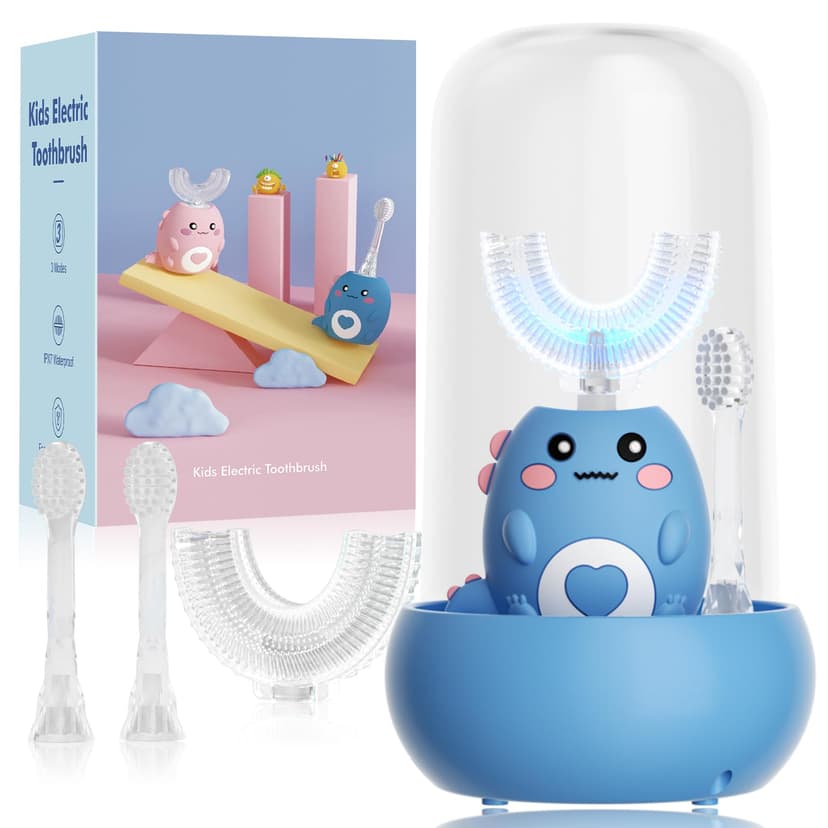 Kids U Shaped Electric Toothbrush, with 3 Cleaning Modes, with 4 Brush Heads, 360° Sonic Automatic Toothbrush, IPX7 Waterproof Cartoon Dinosaur Design (Ages 2-12)
