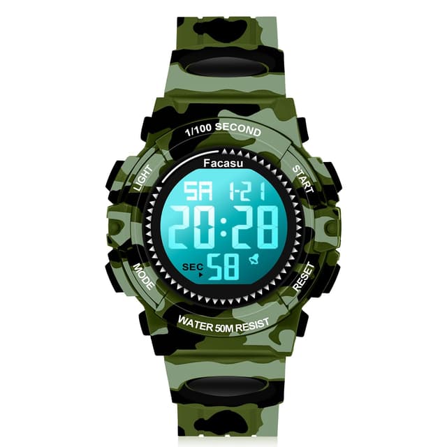 Facasu Camo Sports Watch for Boys-50M Waterproof Kids Teen Boys Digital Watch with Alarm&Snooze,Stopwatch Military Design Silicone Band Gift for Boys-8+ Years Old(Camo Green)