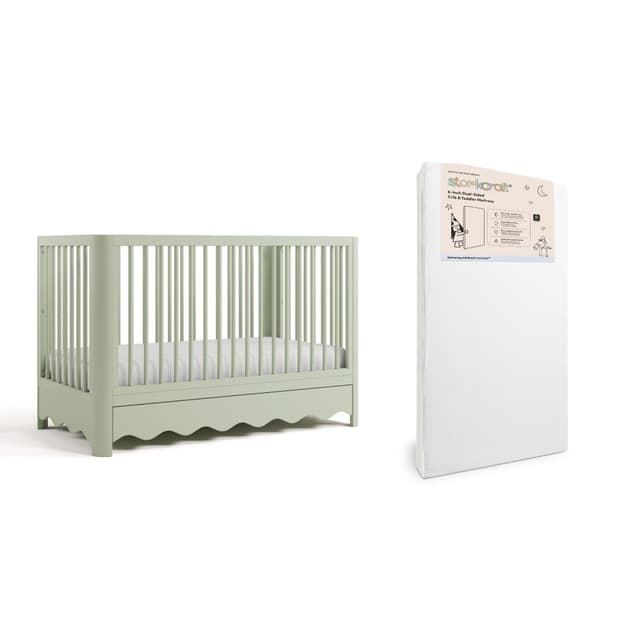 Storkcraft Casablanca Convertible Crib with Drawer & Storkcraft 6-Inch Grow-with Me Premium Waterproof Dual-Sided Baby Crib & Toddler Bed Mattress (Sage) – GREENGUARD Gold Certified