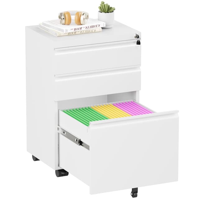 Superday White 3 Drawer Mobile Locking File Cabinet, Metal Rolling Vertical Filing Cabinet with Drawers, Small Under Desk File Cabinets for Office and Home, Fully Assemble