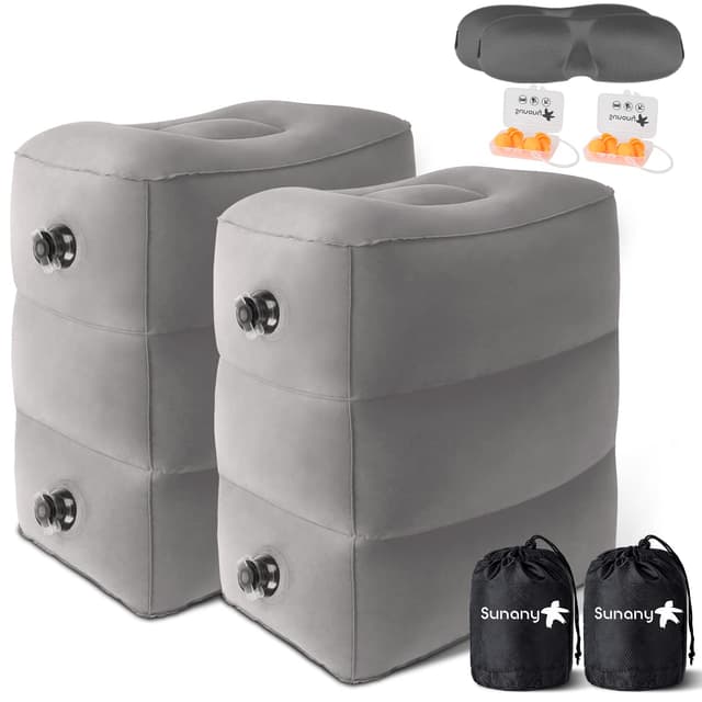 Sunany Inflatable Travel Foot Rest Pillow, Airplane Bed for Kids and Toddler, Adjustable Height Portable Elevating Leg, Trains, Cars, Home, Office (2 Pack)