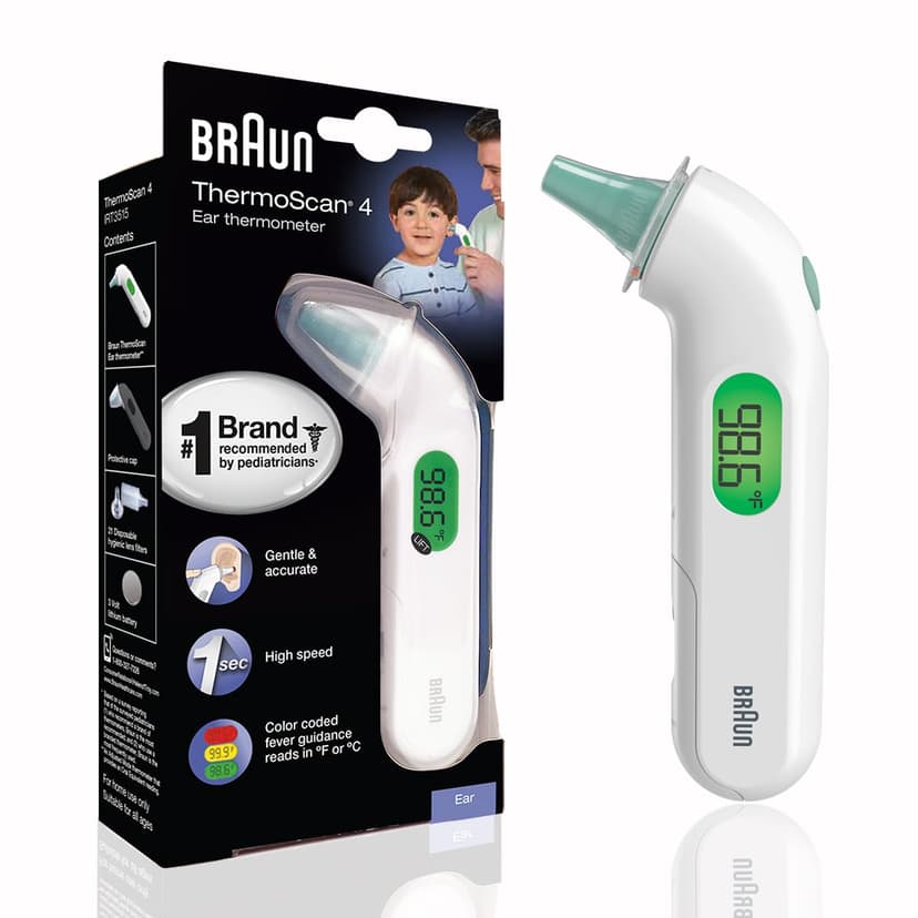 Braun ThermoScan 4 Digital Ear Thermometer for Kids and Adults, Professional Accuracy, Color Coded and Audio Fever Guidance for Babies, Toddlers