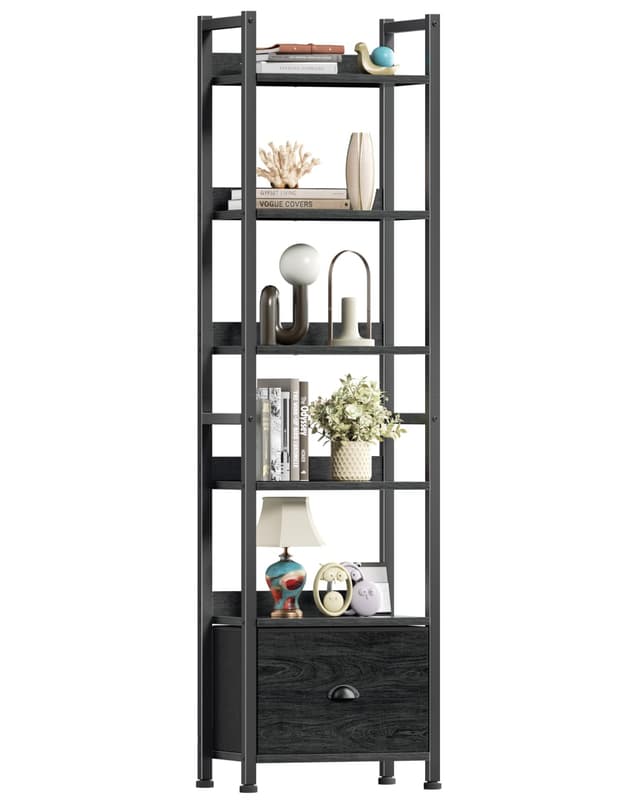 Furologee 6 Tier Bookshelf, Tall Shelf with Drawer, Wood and Metal Bookshelves Storage Organizer, Industrial Display Shelving Unit for Bedroom, Living Room, Home Office, Black Oak