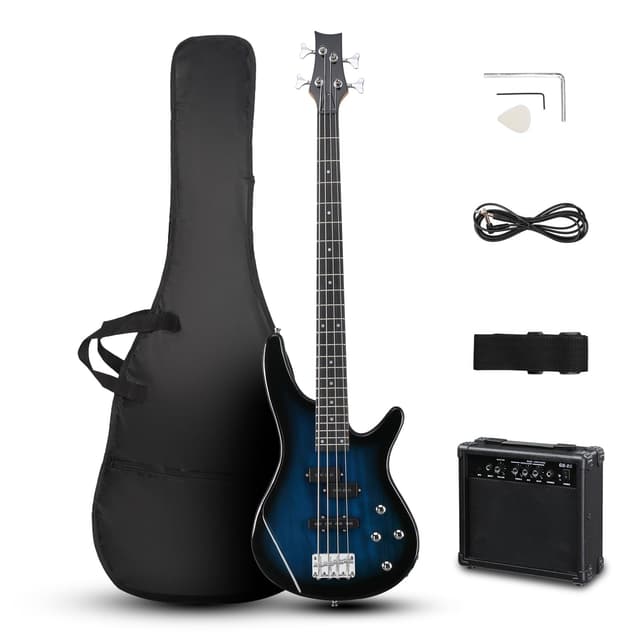 Ktaxon Electric Bass Guitar 4 String Bass Guitar with 20 Watt Amplifier, PJ Type Pickup, Naturally air-dried Maple Neck, Rosewood Fretboard, Basswood Body(Blue)