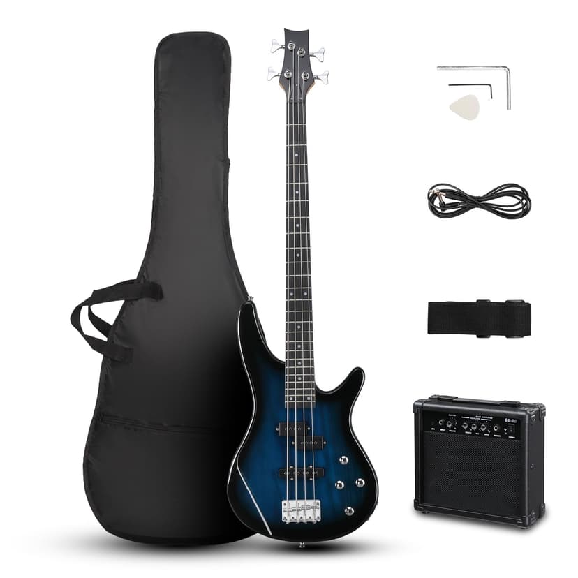 Ktaxon Electric Bass Guitar 4 String Bass Guitar with 20 Watt Amplifier, PJ Type Pickup, Naturally air-dried Maple Neck, Rosewood Fretboard, Basswood Body(Blue)