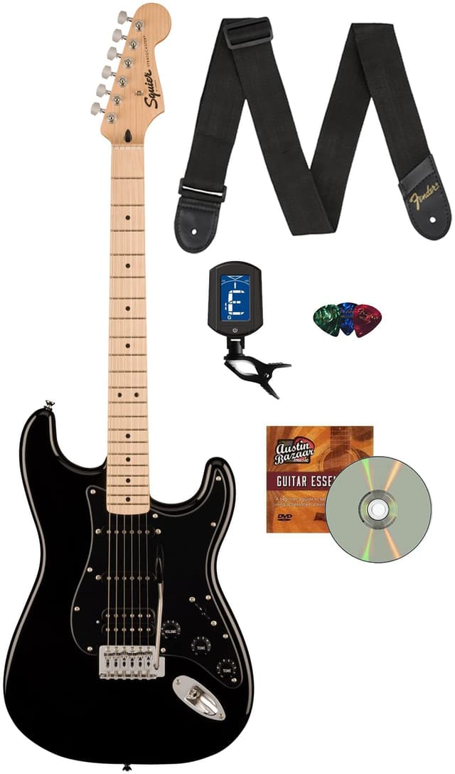 Fender Squier Sonic Stratocaster HSS - Black Bundle with Tuner, Strap, Picks, and Austin Bazaar Guitar DVD