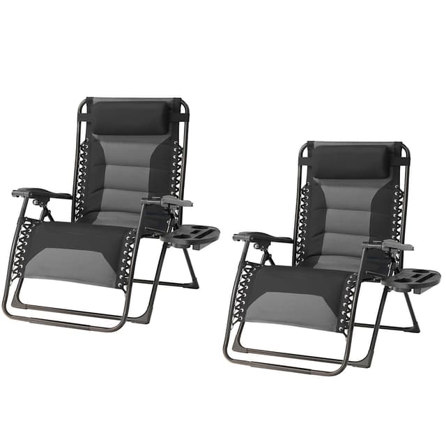 Foristrail Zero Gravity Chair Set of 2 Oversized Padded Recliner with Adjustable Headrest & Cup Holder - 600D Oxford Folding Lounge Chair for Outdoor Camping, Patio, Poolside (Black & Gray)