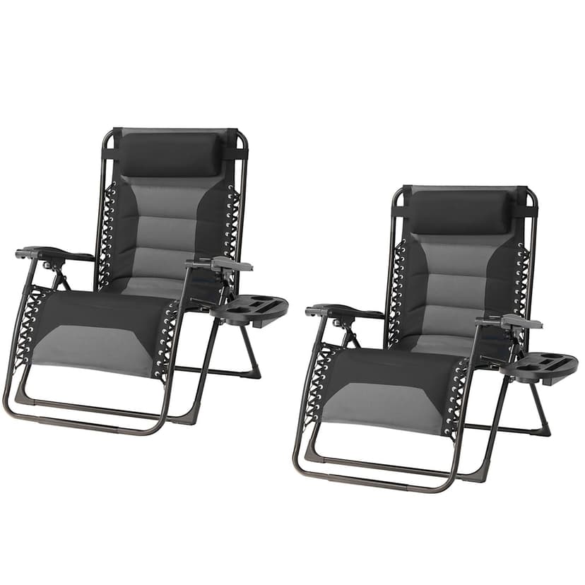 Foristrail Zero Gravity Chair Set of 2 Oversized Padded Recliner with Adjustable Headrest & Cup Holder - 600D Oxford Folding Lounge Chair for Outdoor Camping, Patio, Poolside (Black & Gray)