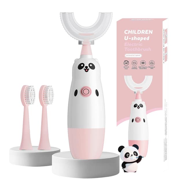 Kids U-Shaped Electric Toothbrush with 2 Brush Heads, Toddlers Sonic with 360 Degree Cleaning, Soft Bristles, Battery Included, IPX7 Waterproof, Cute cartoon for Girls and Boys, Ages 8-13 (Pink)
