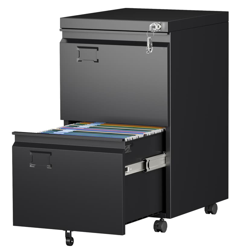 Aobabo 2 Drawer File Cabinet with Wheels, Lockable Metal Filing Cabinet with Business Card Slot for Legal/Letter Size Home Office, Required Assembled,Black